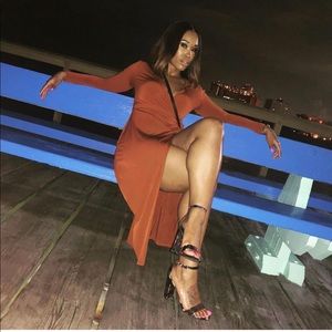 Rust colored long sleeve wrap around maxi dress